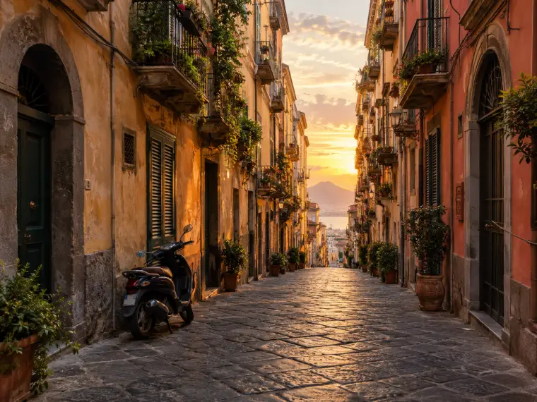 The lower decumanus, straight among the buildings of the historic centre of Naples