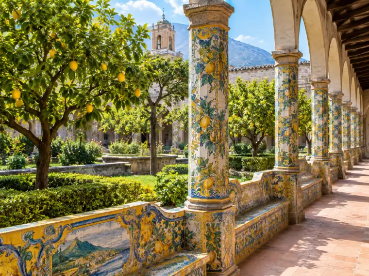 The maiolica cloister of Santa Chiara with the Massa tiles